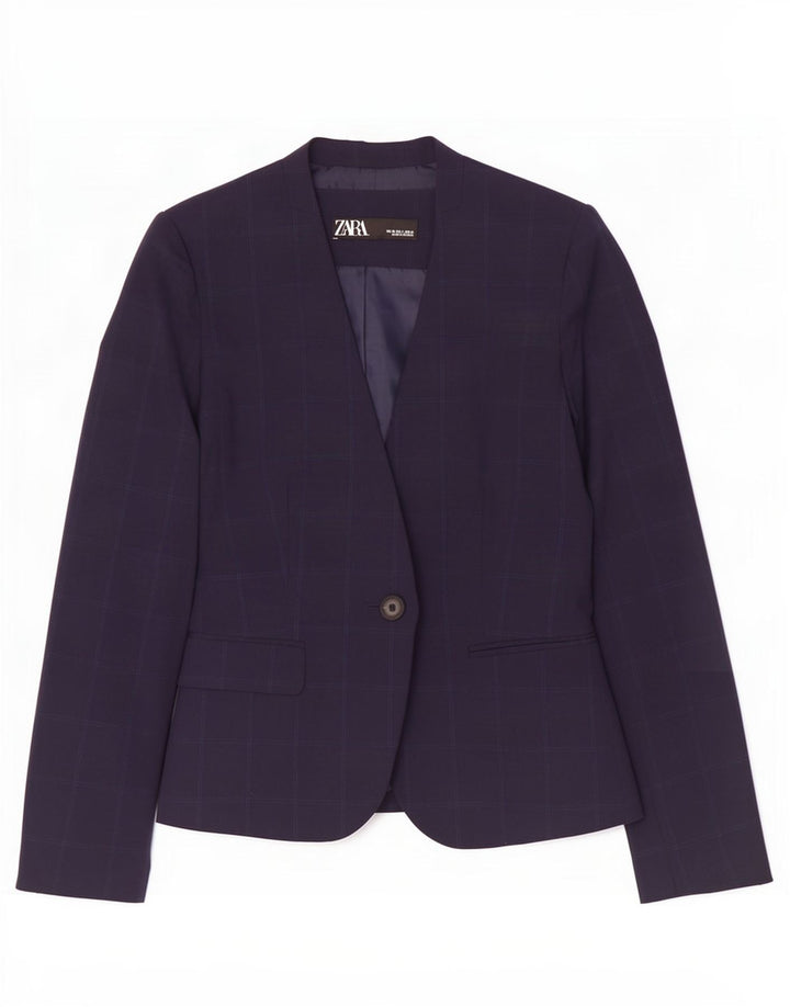 Zara Womens 1 Button Blazer Jacket EU 38 Small Navy Blue Check