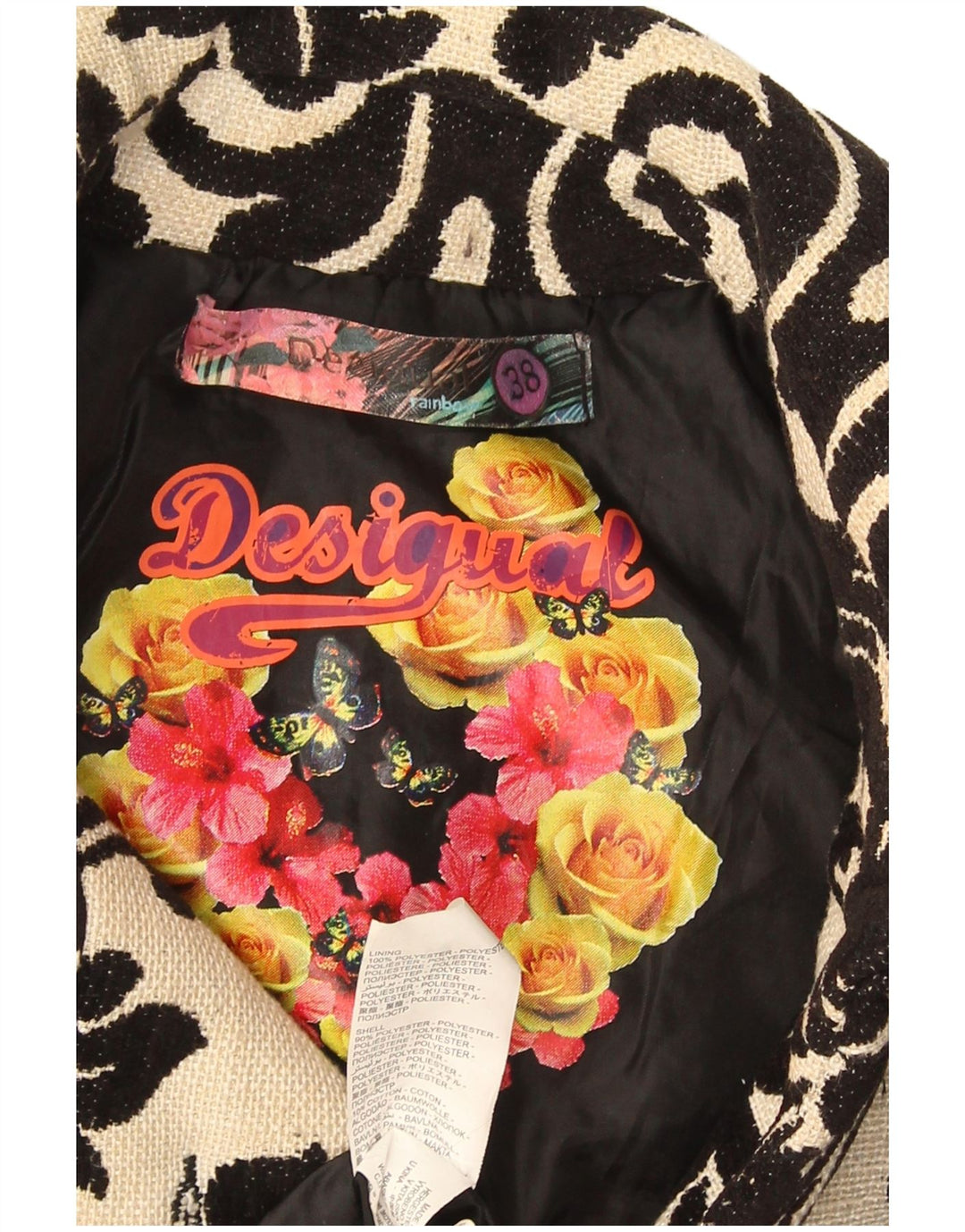 Desigual Womens Rainbow Graphic Overcoat EU 38 Medium Beige Floral