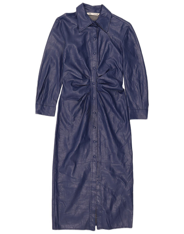 Zara Womens Faux Leather Shirt Dress UK 10 Small Navy Blue Polyester
