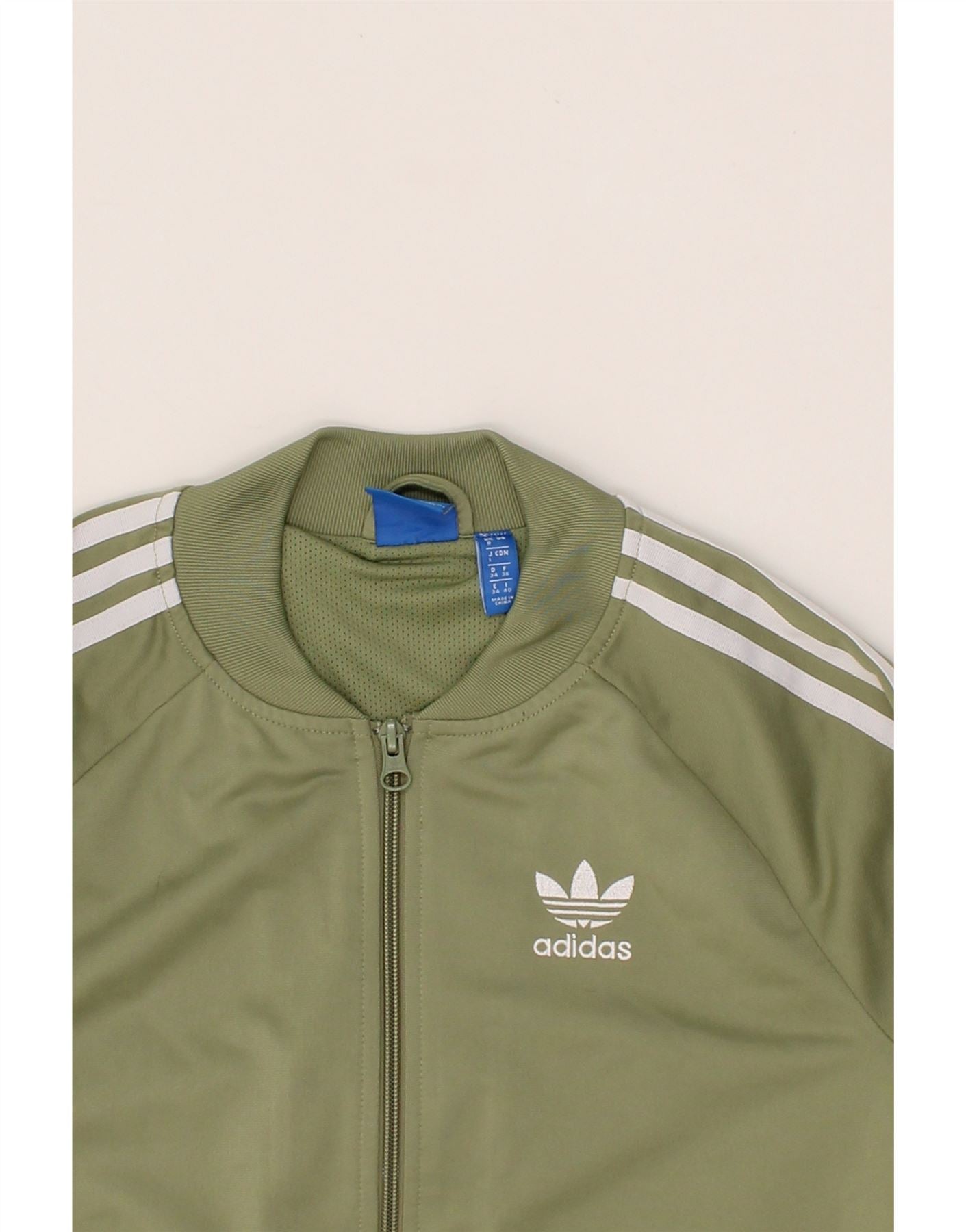 ADIDAS Womens Oversized Graphic Tracksuit Top Jacket UK 8 Small Khaki Vintage Second Hand Clothing Online Messina Hembry