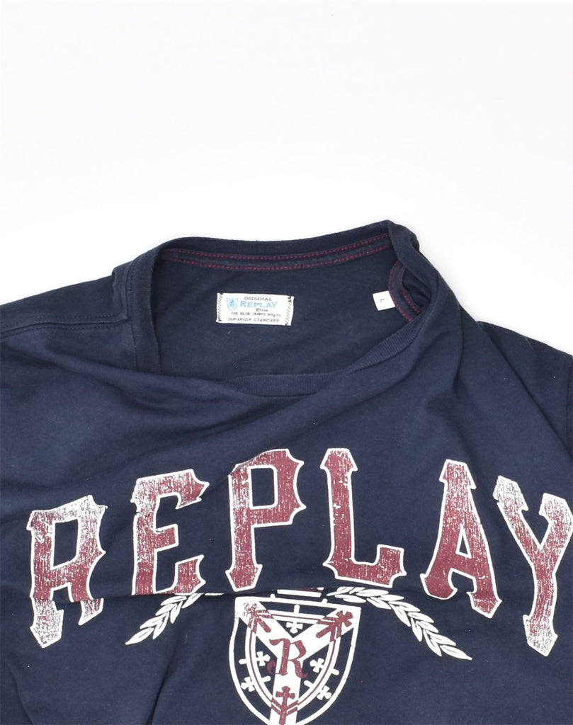 REPLAY Womens Graphic T-Shirt Top UK 16 Large Navy Blue Cotton | Vintage | Thrift | Second-Hand | Used Clothing | Messina Hembry 