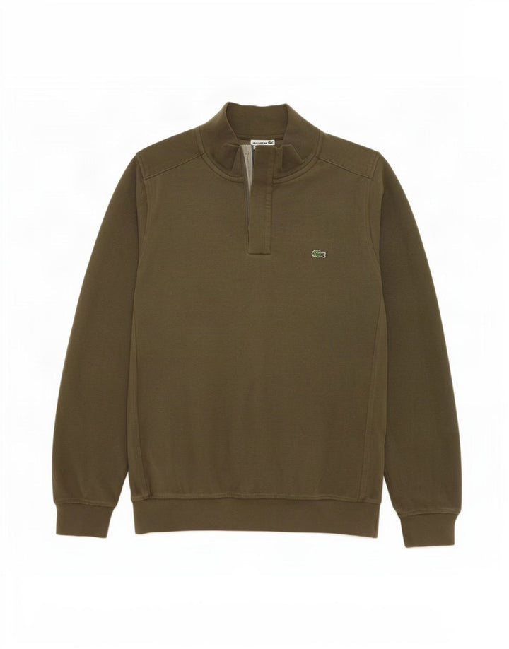 Lacoste Mens Button Neck Jumper Sweater Size 4 Medium Khaki Cotton