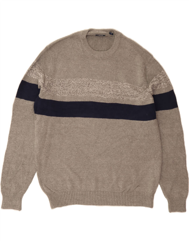 IZOD Mens Crew Neck Jumper Sweater Large Grey Striped Cotton Vintage Izod and Second-Hand Izod from Messina Hembry 
