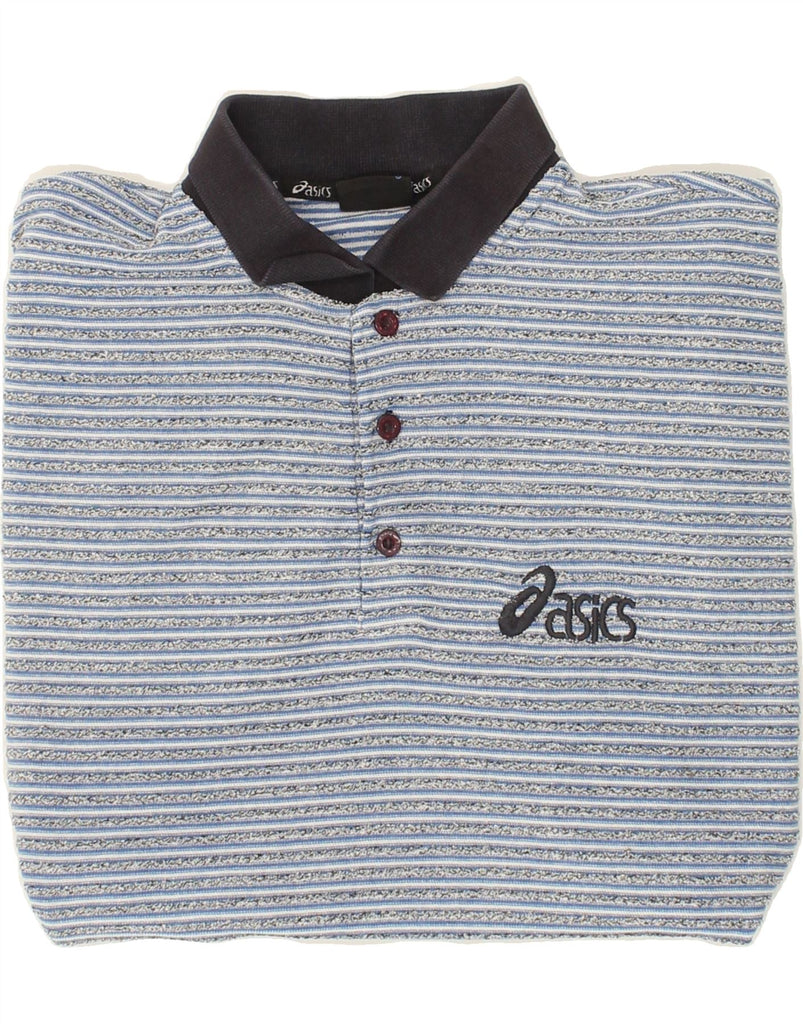 ASICS Mens Polo Shirt Large Blue Striped Vintage Asics and Second-Hand Asics from Messina Hembry 