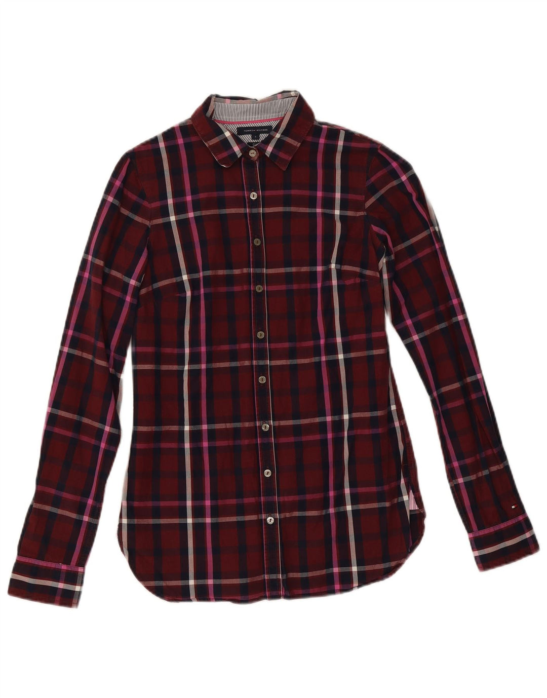 Tommy Hilfiger Womens Fitted Shirt US 4 Small Burgundy Check Cotton