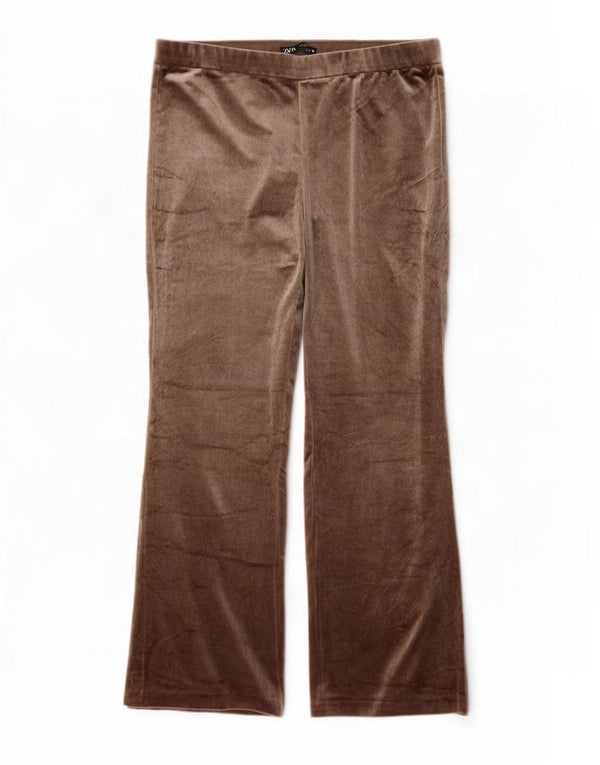 Zara Womens Flare Velour Tracksuit Trousers UK 20 2XL Brown Polyester