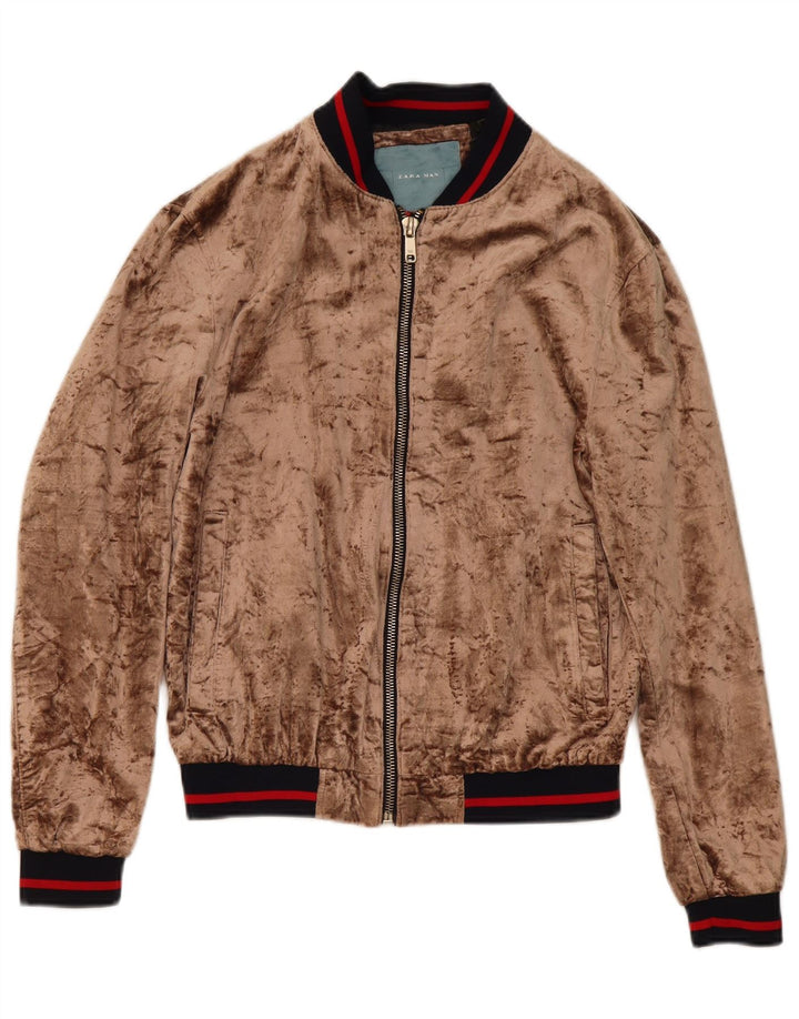 Zara Mens Velour Bomber Jacket UK 38 Medium Brown Colourblock Viscose