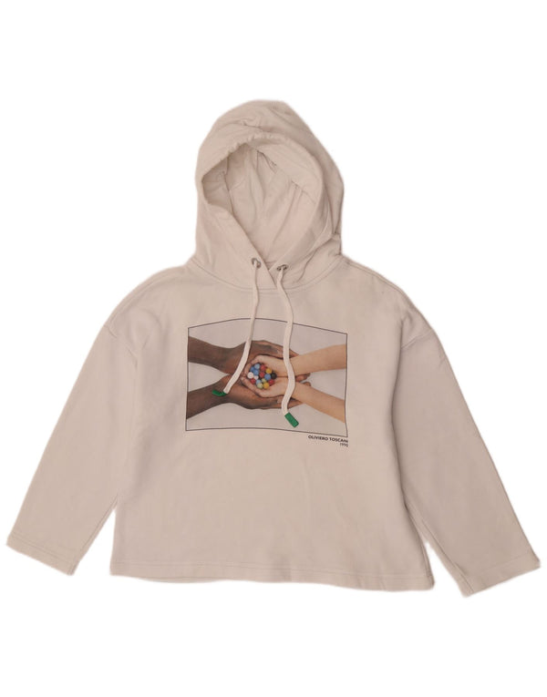 Benetton Womens Graphic Oversized Hoodie Jumper UK 10 Small White Cotton