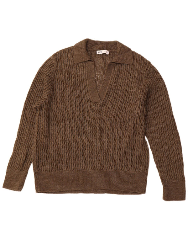 ZARA Womens Polo Neck Jumper Sweater UK 18 XL Brown Acrylic