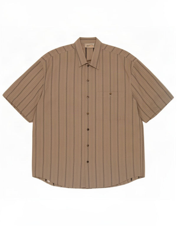 Vintage Mens Short Sleeve Shirt Large Beige Striped Cotton