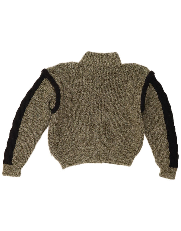 Vintage Womens Crop Cardigan Sweater UK 12 Medium Khaki Colourblock Cotton