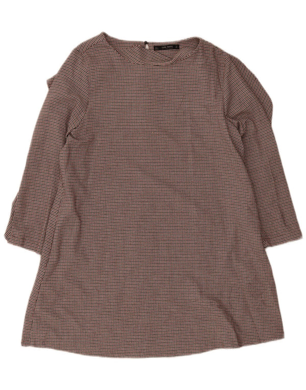 Zara Womens 3/4 Sleeve Tiered Dress UK 16 Large Burgundy Houndstooth