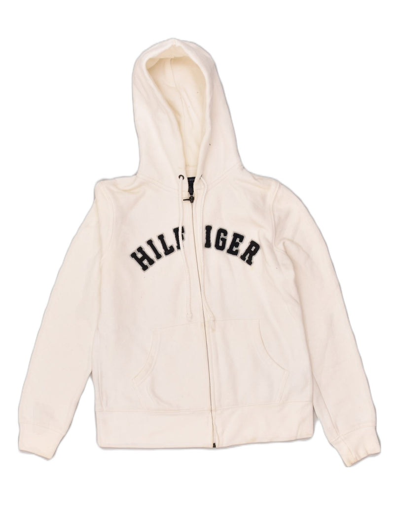 TOMMY HILFIGER Womens Graphic Zip Hoodie Sweater UK 10 Small White Cotton | Vintage Tommy Hilfiger | Thrift | Second-Hand Tommy Hilfiger | Used Clothing | Messina Hembry 