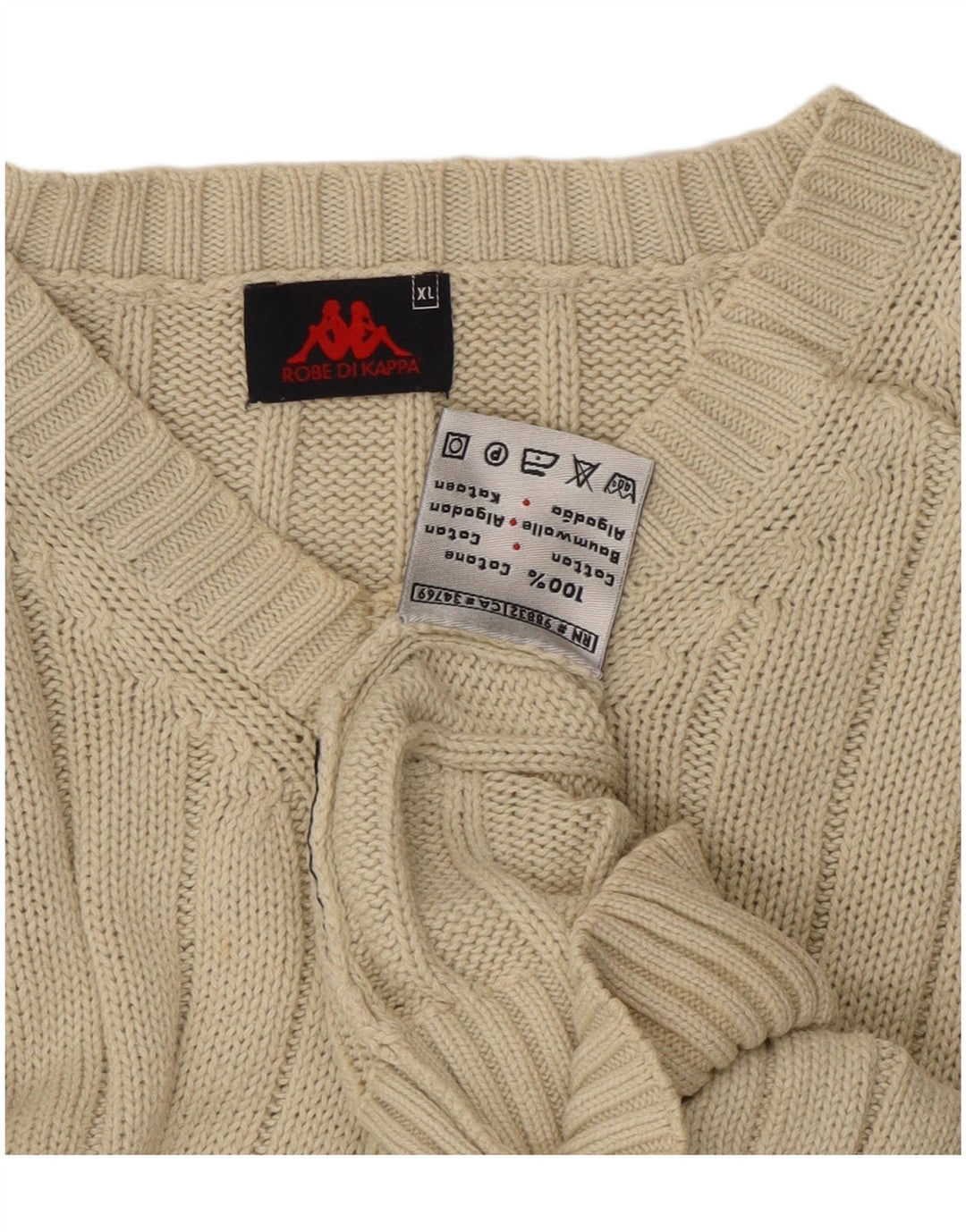 Kappa Mens V-Neck Jumper Sweater XL Beige Cotton
