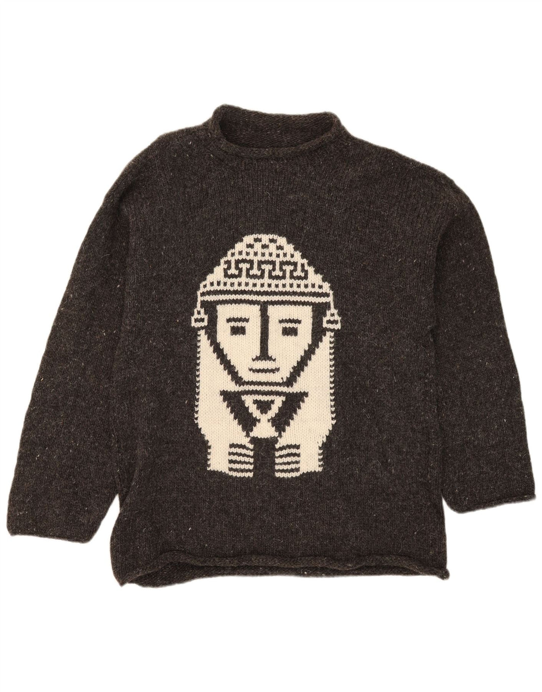 Vintage Mens Graphic Turtle Neck Jumper Sweater Medium Grey Flecked Aztec
