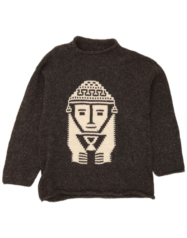 Vintage Mens Graphic Turtle Neck Jumper Sweater Medium Grey Flecked Aztec