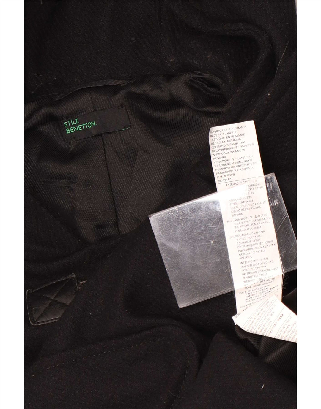 Benetton Womens Hooded Duffle Coat IT 42 Medium Black Wool