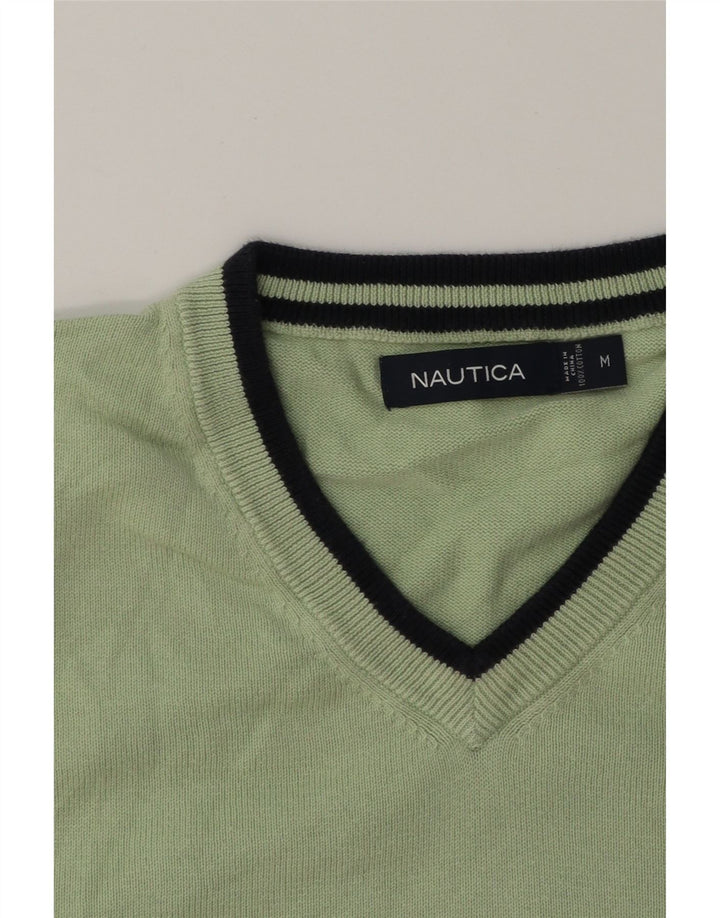 NAUTICA Mens V-Neck Jumper Sweater Medium Green Colourblock Cotton Vintage Nautica and Second-Hand Nautica from Messina Hembry 
