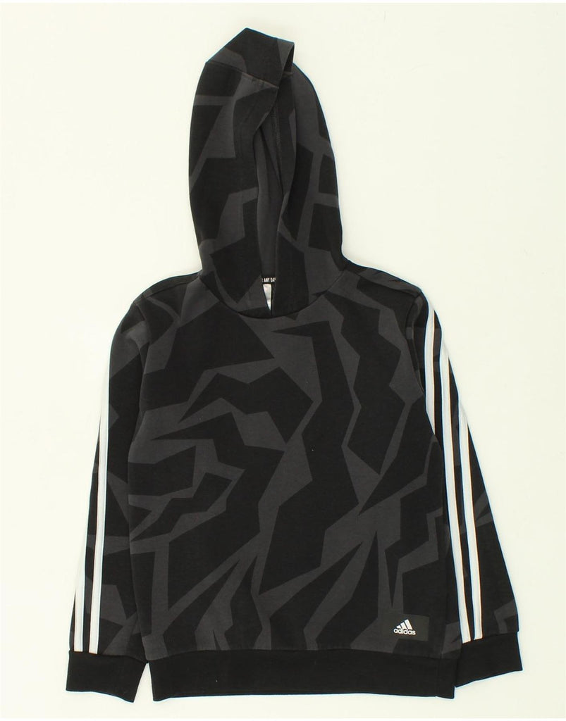 ADIDAS Boys Hoodie Jumper 9-10 Years Black Geometric Polyester | Vintage Adidas | Thrift | Second-Hand Adidas | Used Clothing | Messina Hembry 