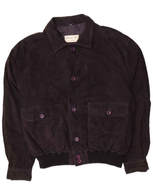 Vintage Mens Suede Bomber Jacket IT 58 4XL Navy Blue Leather