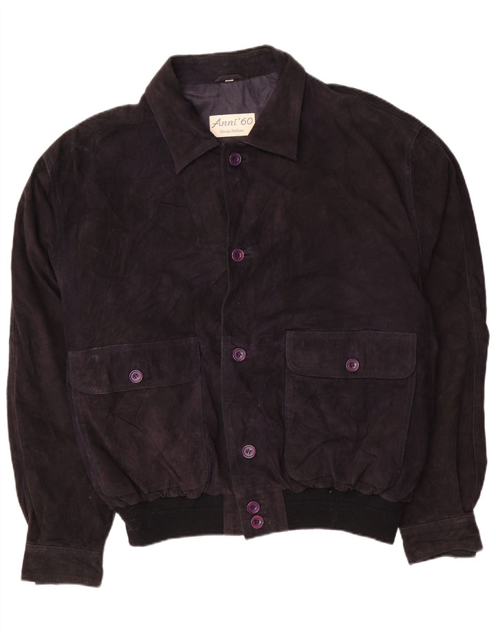 Vintage Mens Suede Bomber Jacket IT 58 4XL Navy Blue Leather