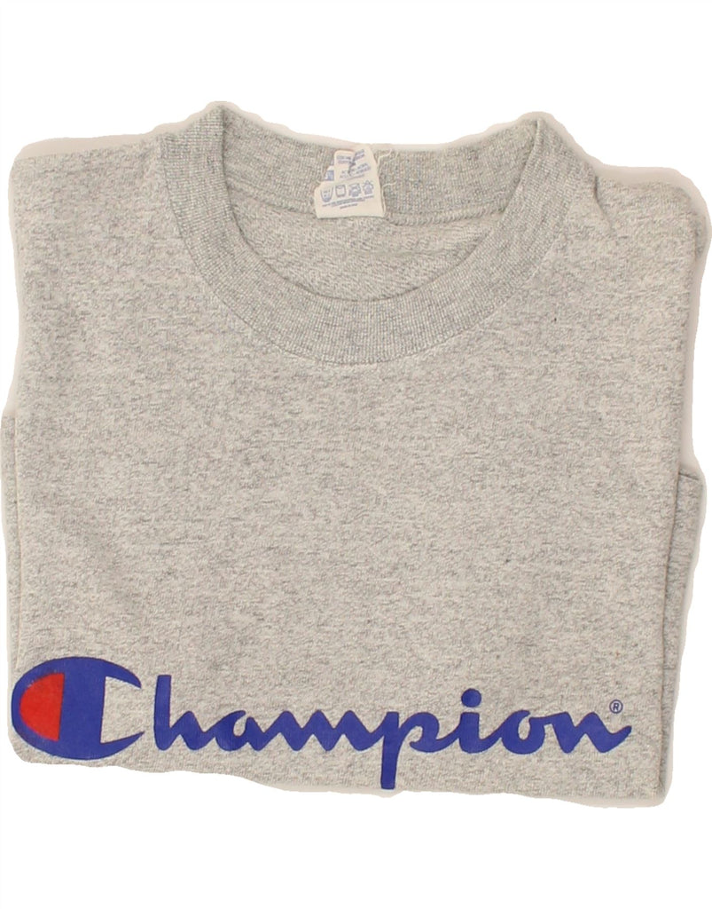 CHAMPION Womens Graphic Crop Top UK 10 Small Grey Cotton Vintage Champion and Second-Hand Champion from Messina Hembry 