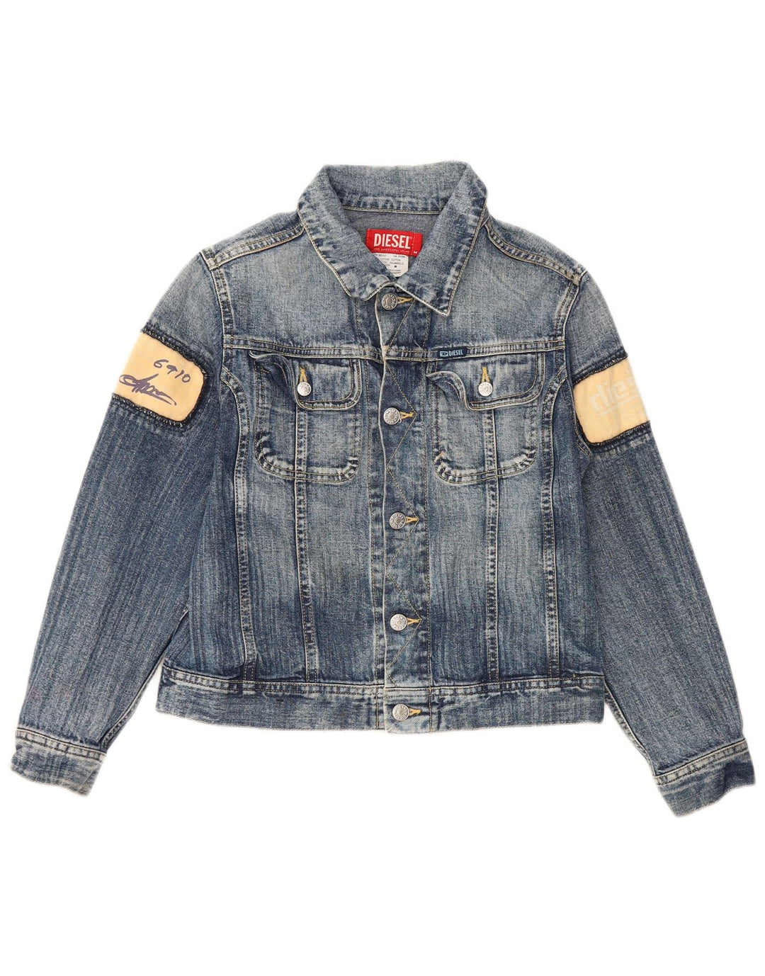 DIESEL Boys Graphic Denim Jacket 10-11 Years Medium Blue Colourblock