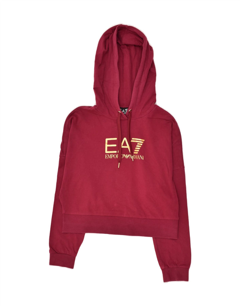 EA7 Womens Crop Graphic Hoodie Jumper UK 14 Medium Burgundy | Vintage EA7 | Thrift | Second-Hand EA7 | Used Clothing | Messina Hembry 