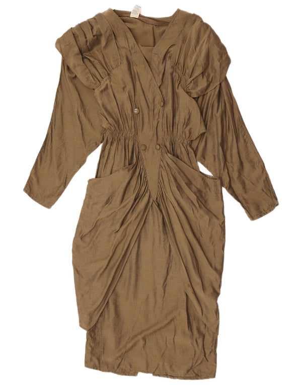 Vintage Womens Long Sleeve Sheath Dress UK 12 Medium Khaki Viscose