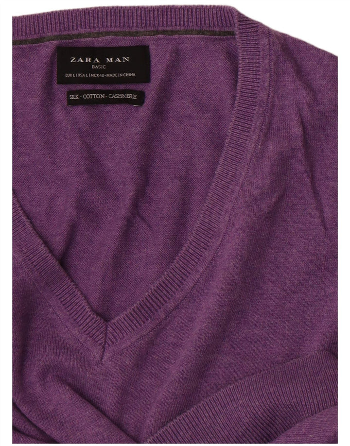 Zara Mens V-Neck Jumper Sweater Large Purple Cotton