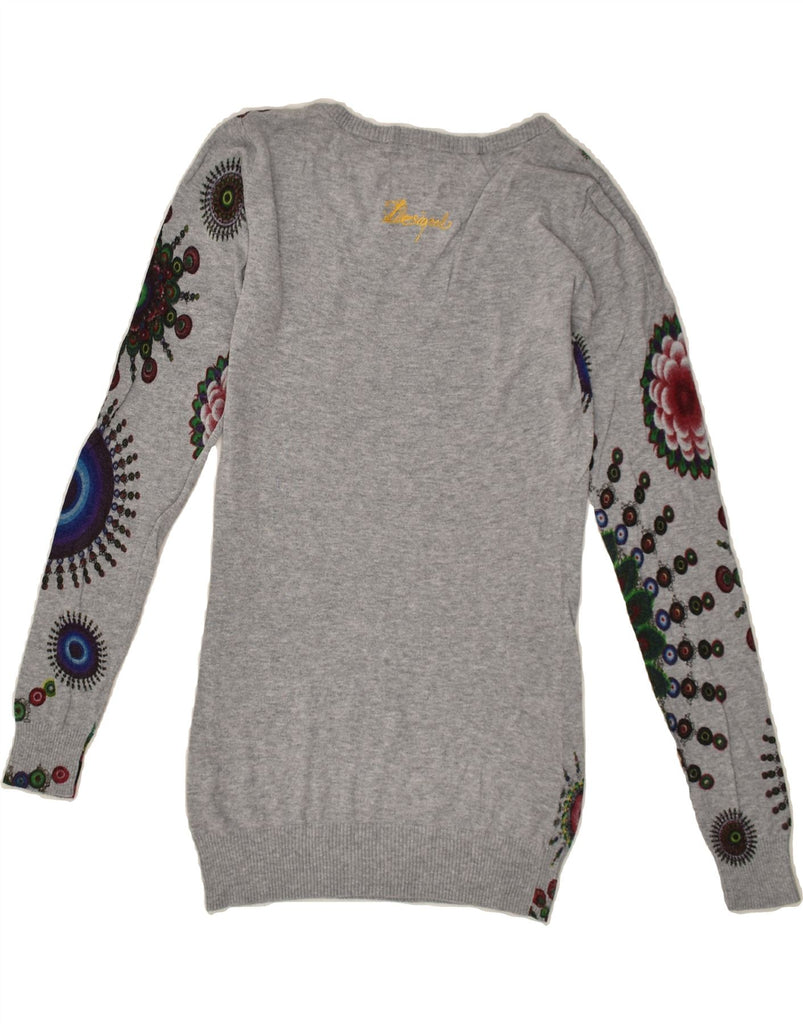 DESIGUAL Womens Graphic Boat Neck Jumper Sweater UK 10 Small Grey Floral | Vintage Desigual | Thrift | Second-Hand Desigual | Used Clothing | Messina Hembry 