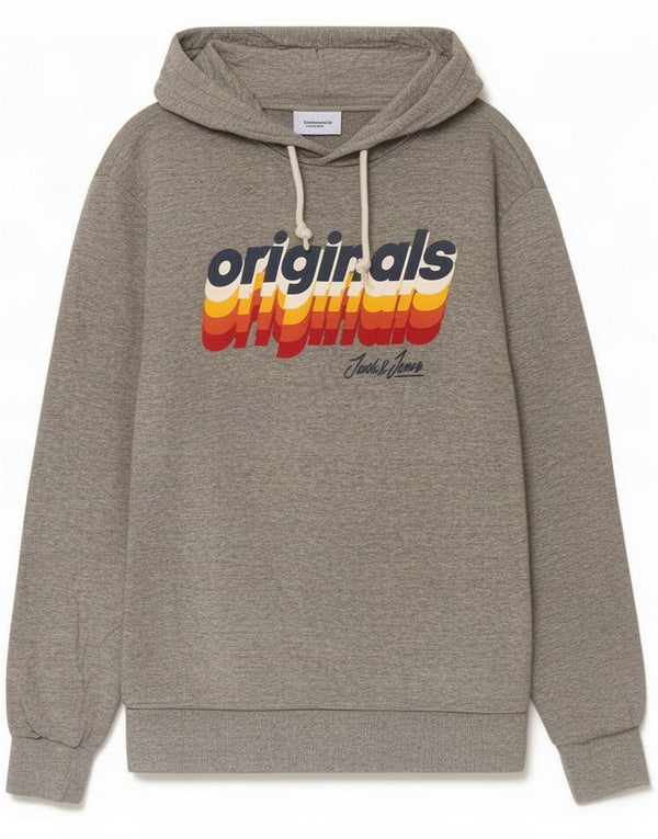Jack & Jones Mens Graphic Hoodie Jumper Medium Grey Flecked Cotton