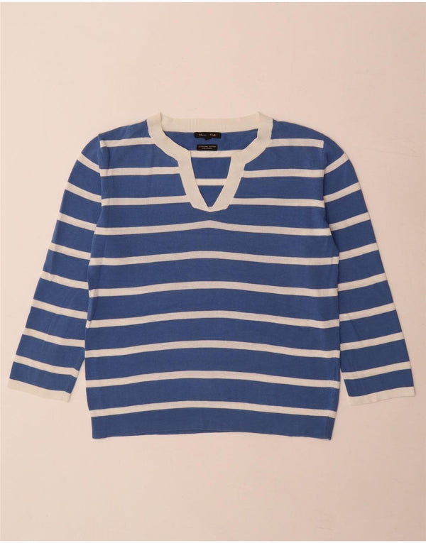 Massimo Dutti Womens V-Neck Jumper Sweater UK 10 Small Blue Striped