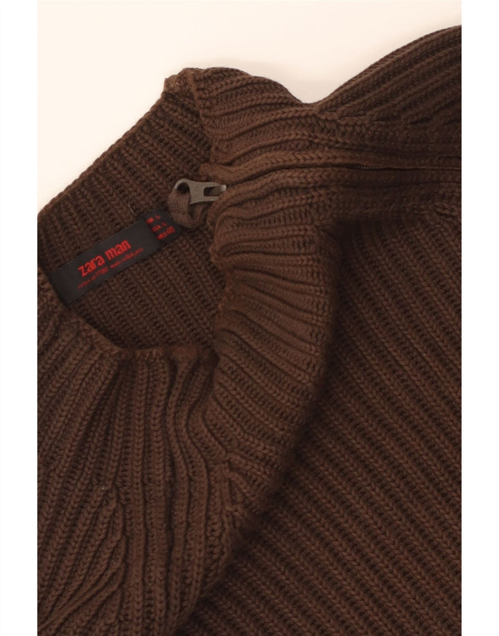 Zara Mens Zip Neck Jumper Sweater Large Brown