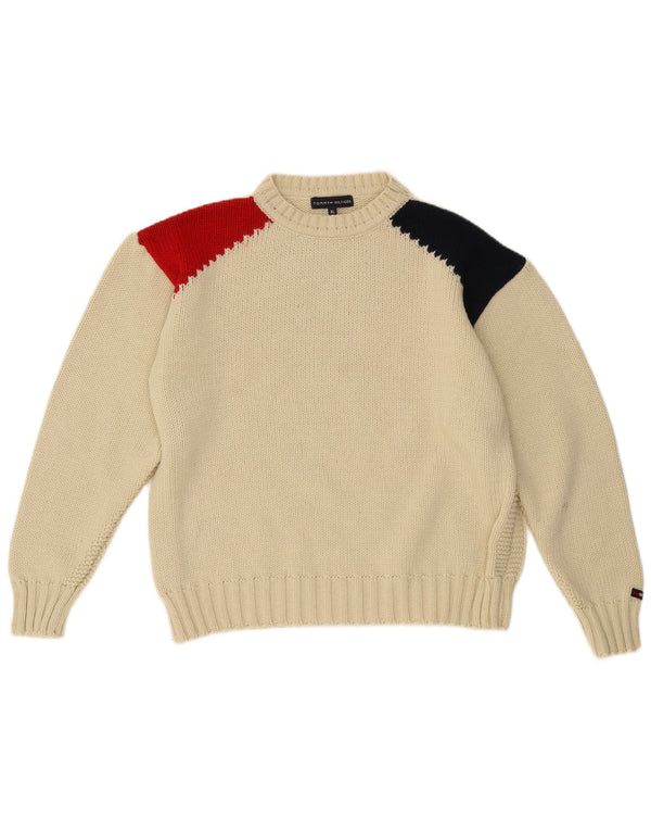 Tommy Hilfiger Mens Crew Neck Jumper Sweater XL Off White Colourblock Wool