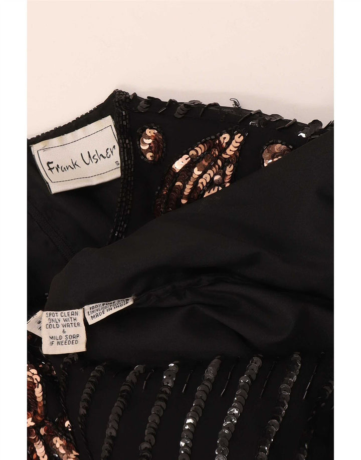 Frank Usher Womens Evening Blouse Top UK 10 Small Black Paisley Silk