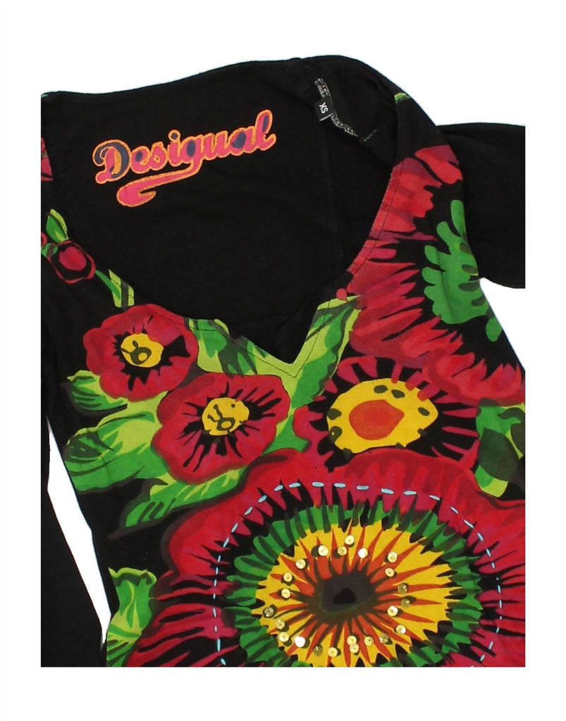 DESIGUAL Womens Graphic Long Sleeve Tunic Top UK 4 XS Black Floral Cotton | Vintage Desigual | Thrift | Second-Hand Desigual | Used Clothing | Messina Hembry 