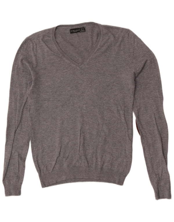 Zara Mens V-Neck Jumper Sweater Medium Grey Viscose
