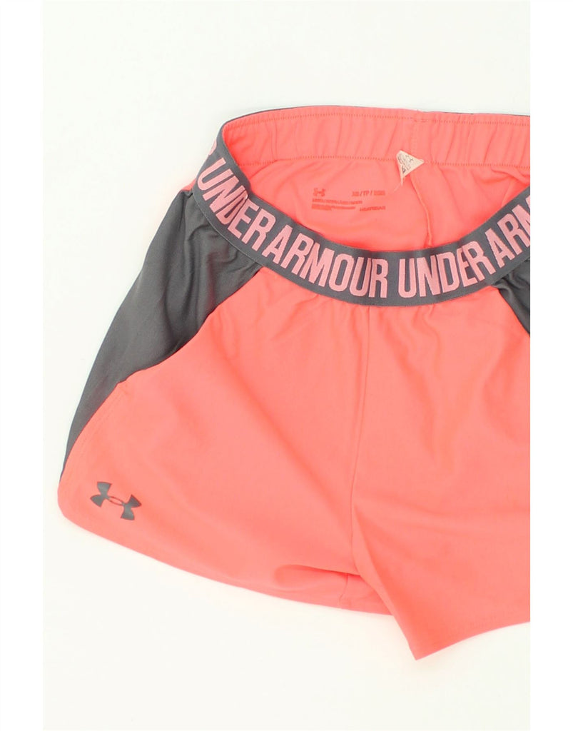 UNDER ARMOUR Womens Heat Gear Sport Shorts UK 4 XS Orange Colourblock | Vintage Under Armour | Thrift | Second-Hand Under Armour | Used Clothing | Messina Hembry 