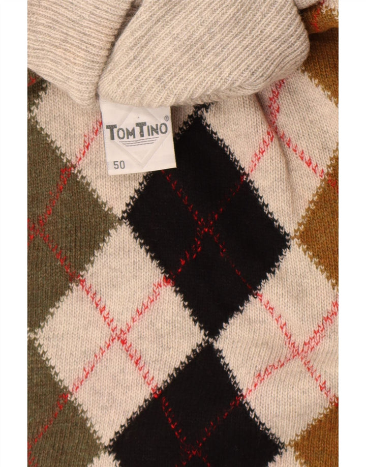 Tom Tino Mens Roll Neck Jumper Sweater IT 50 Medium Grey Argyle/Diamond