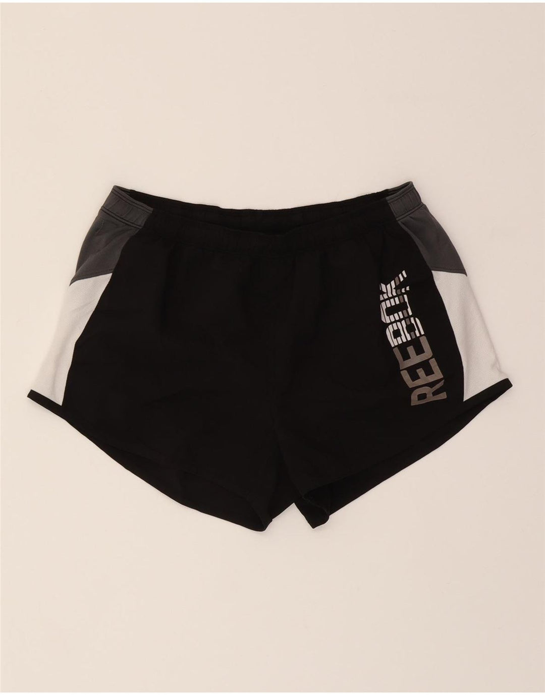 REEBOK Womens Graphic Sport Shorts UK 14 Medium  Black Colourblock Vintage Reebok and Second-Hand Reebok from Messina Hembry 