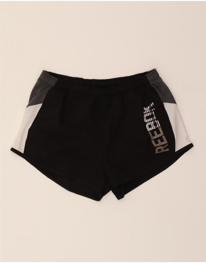 REEBOK Womens Graphic Sport Shorts UK 14 Medium  Black Colourblock Vintage Reebok and Second-Hand Reebok from Messina Hembry 