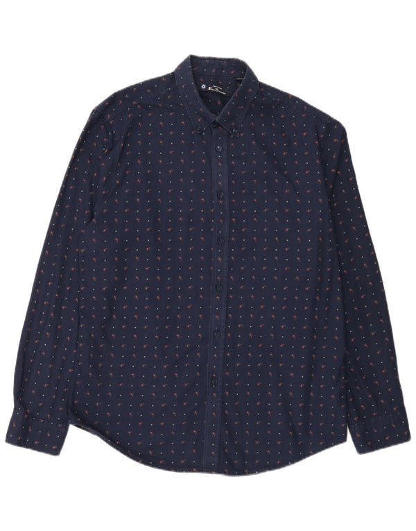 Ben Sherman Mens Shirt Large Navy Blue Spotted Cotton