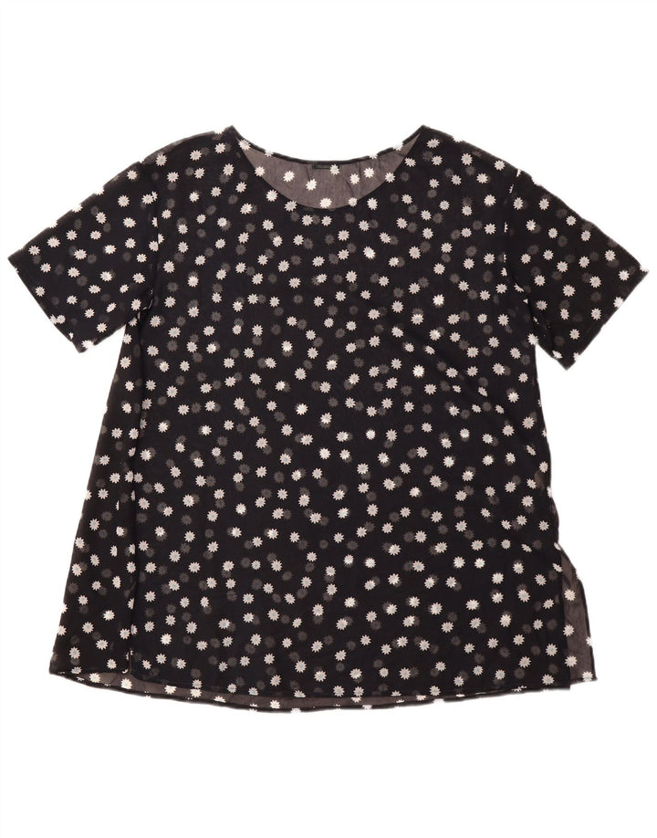 BENETTON Womens See Through Blouse Top UK 18 XL Navy Blue Floral Polyester