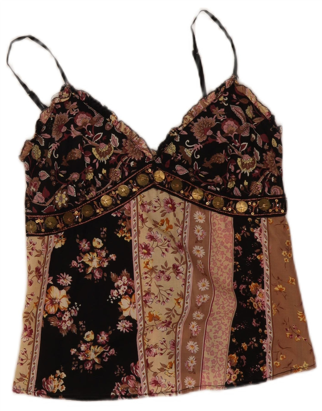Vintage Womens Crop Cami Top UK 8 Small Black Floral