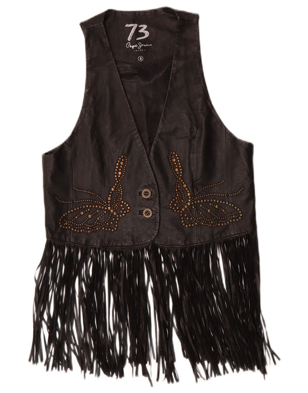 PEPE JEANS Womens Leather Waistcoat UK 10 Small Black Leather Cowboy