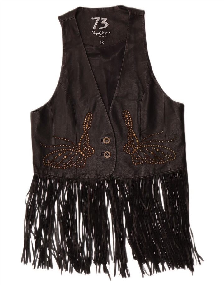 PEPE JEANS Womens Leather Waistcoat UK 10 Small Black Leather Cowboy