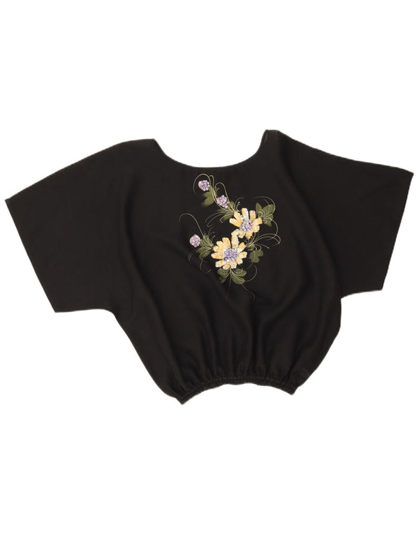 Vintage Womens Crop Blouse Top UK 16 Large Black Floral Polyester