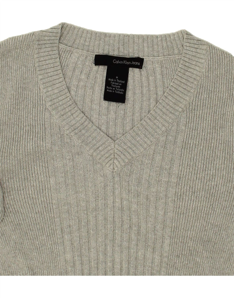 CALVIN KLEIN Womens V-Neck Jumper Sweater UK 12 Medium Grey Cotton | Vintage Calvin Klein | Thrift | Second-Hand Calvin Klein | Used Clothing | Messina Hembry 