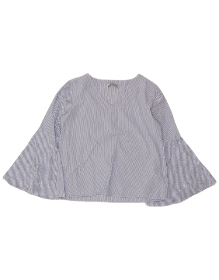 Zara Womens Crop Long Sleeve Blouse Top UK 14 Medium Blue Pinstripe